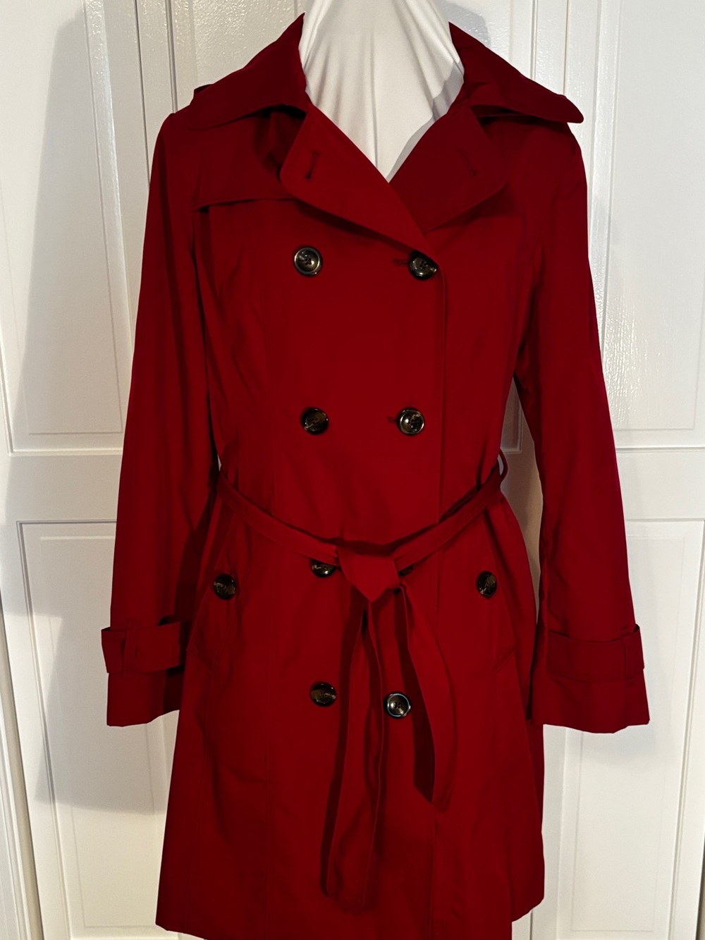 Classic Red Women's Trench Coat - Belted Double-Breasted; Removable Hood